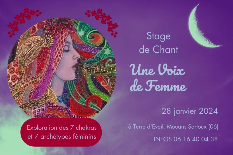 Stage de Chant une voix de femme flyer with face of woman singing purple background and half moon