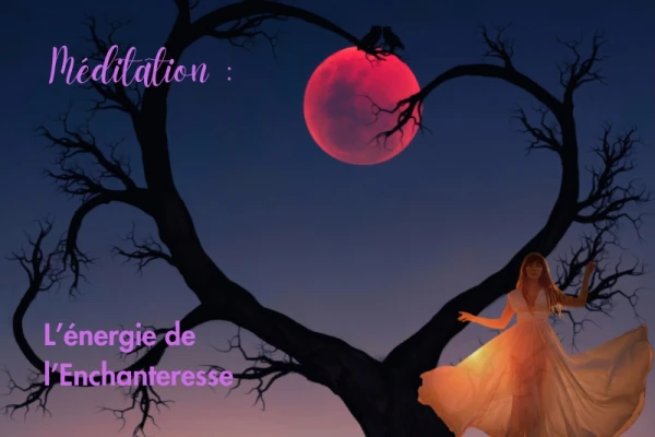 ciel de nuit branches d'arbre en forme de coeur avec pleine lune rose méditation enchanteresse femme en robe blanc orange qui flotte
